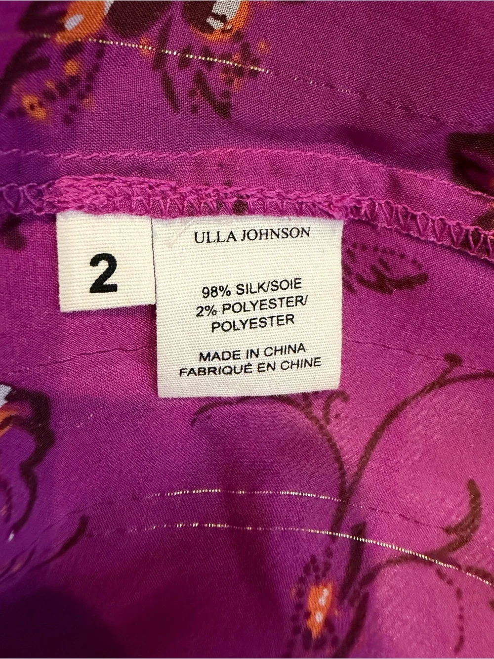 Ulla Johnson Silk Floral Peasant Blouse Purple Metallic Puff Sleeve Size 2